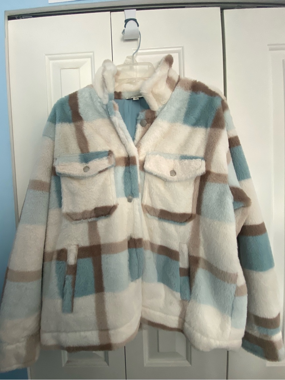 Plaid Fleece Jacket - Cream, Blue & Brown